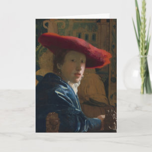 Cartão De Festividades Retrato Vintage de Garota com Chapéu Vermelho de V