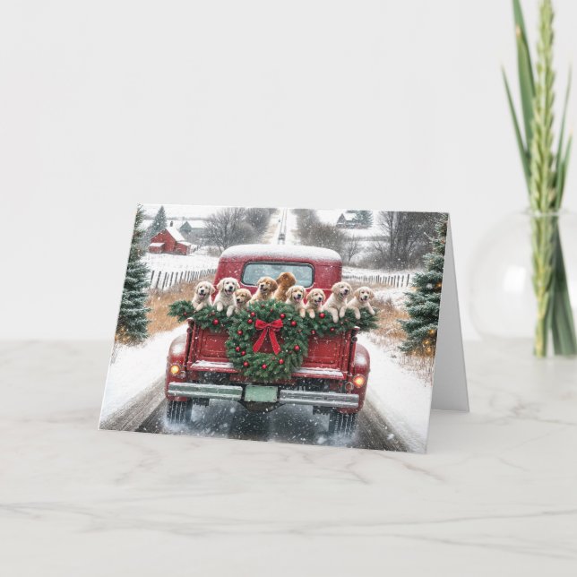 Cartão De Festividades Retribeiros De Ouro De Natal Em Caminhão Vermelho (Frente)
