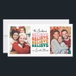 Cartão De Festividades Retro acreditamos na família de Natal do Papai Noe<br><div class="desc">Espalhe a alegria,  o amor,  e um borrão de alegria de férias e traga uma vibração alegre para o seu mais próximo e querido com este cartão de Natal retrô. Personalize-o com três das suas fotos familiares favoritas que capturam a magia da estação.</div>