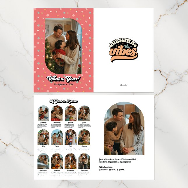 Cartão De Festividades Retro "Ano em Revisão" Foto de Destaque da Família (Family Highlights Retro "Year in Review" Photo Holiday Card)