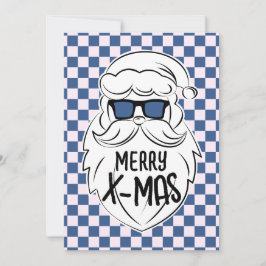 Cartão De Festividades Retro Azul Rosa Xadrez Papai Noel Natal 