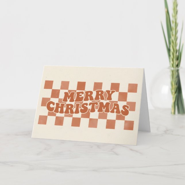Cartão De Festividades Retro Checkerboard Boho Merry Christmas (Frente)