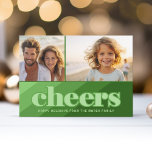 Cartão De Festividades Retro Cheers Line Art Green - 2 Foto - 70s Vibe<br><div class="desc">Frente - 2 Fotos com saudação em fonte retrô e fundo com faixas vibrantes. Design de Natal não convencional com uma vibração de 70 anos. Back - Arte Retro Line em Sombras de Verde Natal - Use duas fotos e faça uma saudação de Natal Única e moderna com uma fonte...</div>
