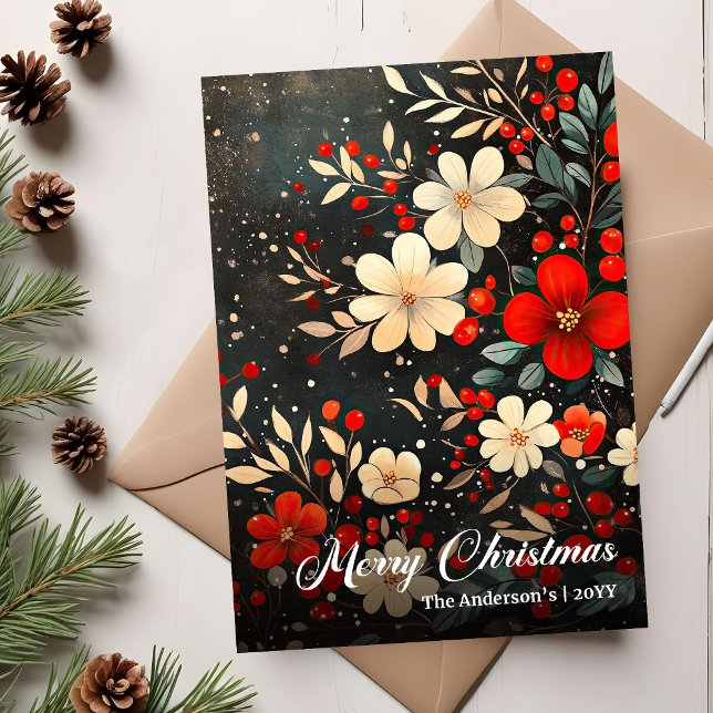 Cartão De Festividades Retro Christmas Flowers Holiday Printable Greeting (Retro Christmas Flowers Holiday Printable Greeting)