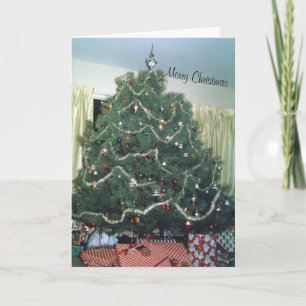 Cartão De Festividades Retro Christmas Tree Striped Gifts Tinsel Holiday