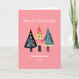 Cartão De Festividades Retro Christmas Trees Pink Folded Holiday Card