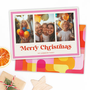 Cartão De Festividades Retro Feliz Natal Quadro Rosa Arco-Íris 3 Fotos