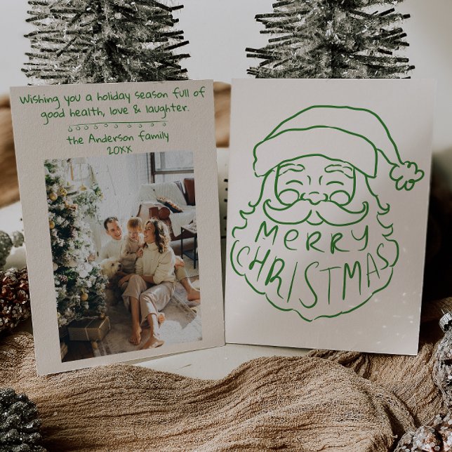 Cartão De Festividades Retro Green Hand Desenhou Papai Noel Feliz Natal (Criador carregado)