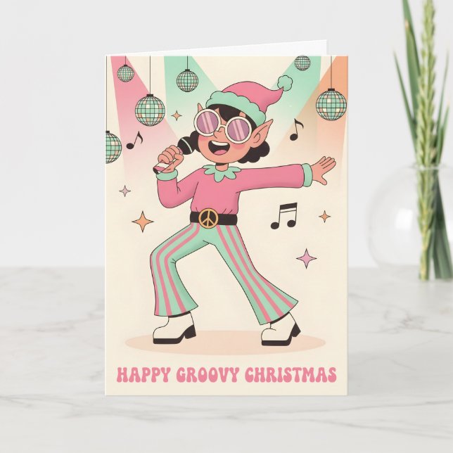 Cartão De Festividades Retro Groovy Elf Merry Christmas (Frente)