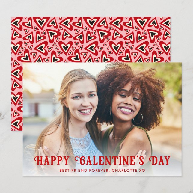 Cartão De Festividades Retro Groovy Hearts Happy Gelantine's Day Photo (Frente/Verso)