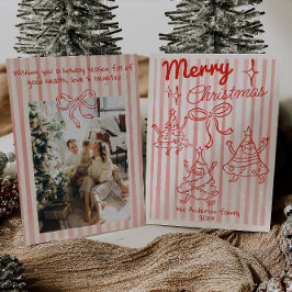 Cartão De Festividades Retro Hand Drawn Red Funny Christmas Trees Bow
