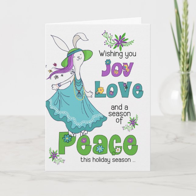 Cartão De Festividades Retro Hippie Joy Love and Peace Holiday Bunny (Frente)