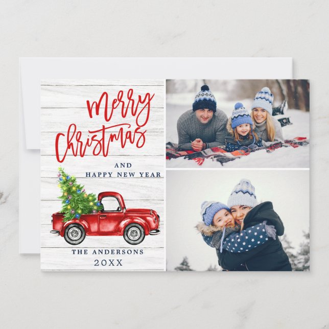 Cartão De Festividades Retro Natal Red Truck Russo 2 FOTO Saudação (Frente)