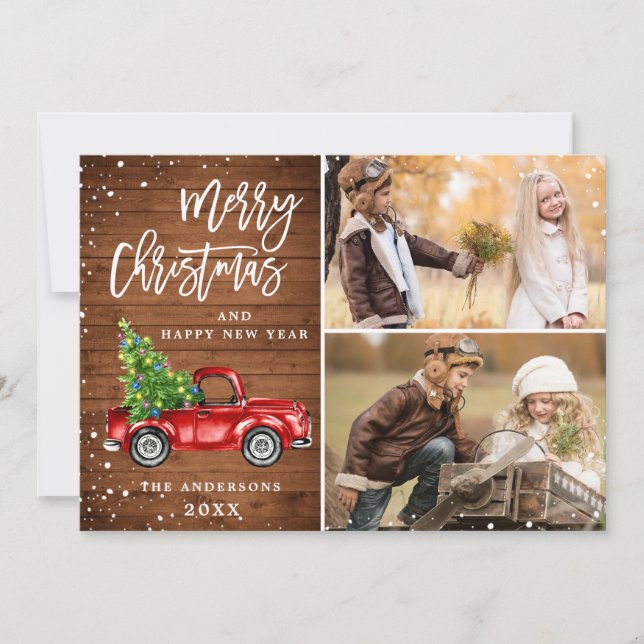 Cartão De Festividades Retro Natal Red Truck Russo 2 FOTO Saudação (Frente)
