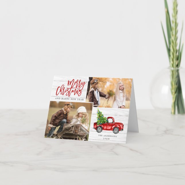 Cartão De Festividades Retro Natal Red Truck Russo 2 FOTO Saudação (Frente)