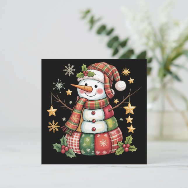 Cartão De Festividades Retro Patchwork Snowman Feliz Coquete de Natal (Em pé/Frente)