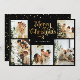 Cartão De Festividades Retro Preto Falso Ouro Feliz Natal Família Foto