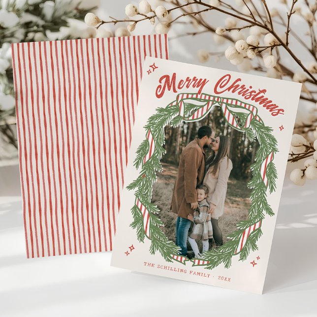 Cartão De Festividades Retro Quirky Hand Drawn Wreath Bow Photo Christmas (Retro quirky hand drawn bow wreath greenery watercolor stripes Merry Christmas Photo Holiday Card )