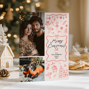 Cartão De Festividades Retro Quirky Red Hand Desenhou Feliz Foto de Natal