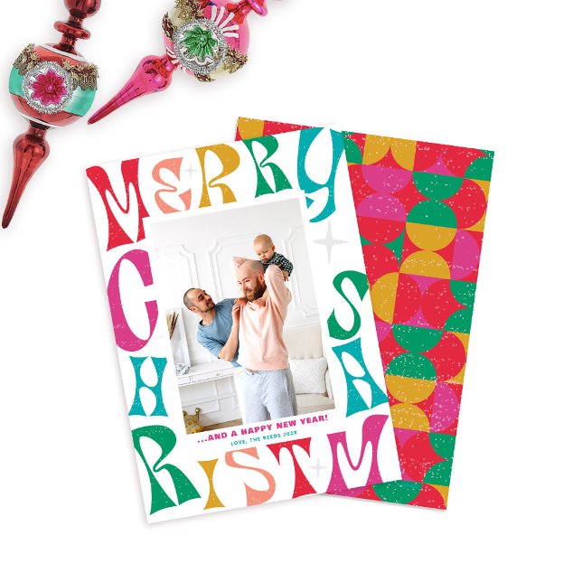 Cartão De Festividades Retro Rainbow Merry Christmas 1 Photo Holiday Card (Colorful Retro Merry Christmas photo card)