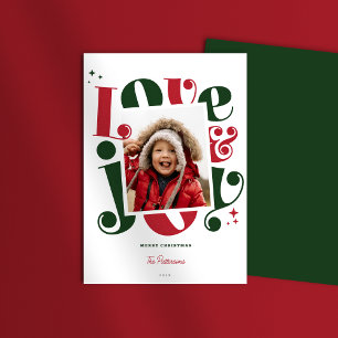 Cartão De Festividades Retro Red and Green Love and Joy 1 foto de Natal