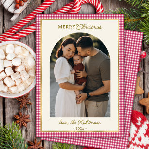 Cartão De Festividades Retro Red Dourado Arch Foto Feliz Natal