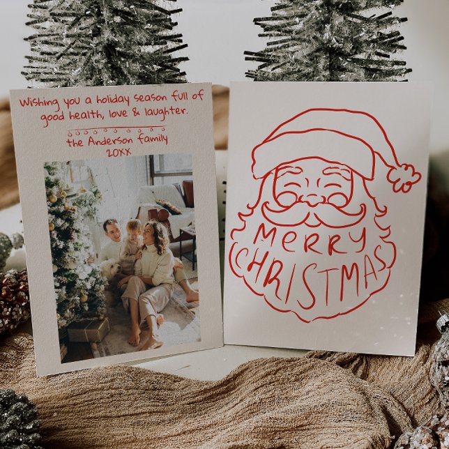 Cartão De Festividades Retro Red Hand Desenhou Papai Noel Feliz Natal (Criador carregado)