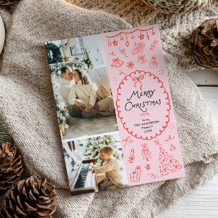Cartão De Festividades Retro Rosa Vermelho Desenhe Mão Feliz Natal 2 Foto