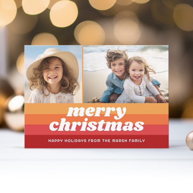 Cartão De Festividades Retro Stripes Red Orange - Foto de Feliz - Vista d (Retro Stripe Christmas Card with 2 Photos - Vibrant Reds - Print and Download Option)
