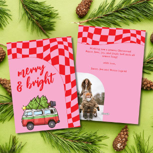 Cartão De Festividades Retro Van Xadrez Alegre e Brilhante Natal