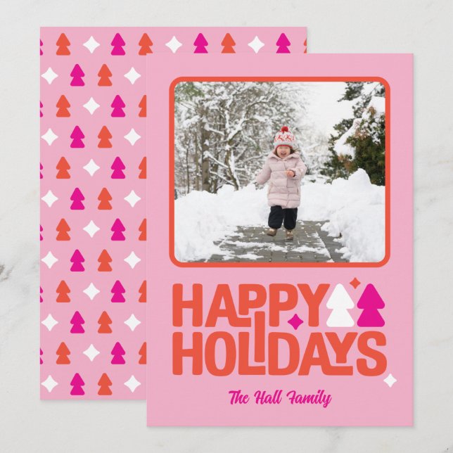 Cartão De Festividades Retro Vibes Pink Orange Holiday Photo Card (Frente/Verso)