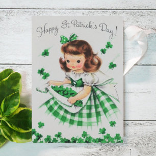 Cartão De Festividades Retro Vintage Irish Lassie com Shamrocks