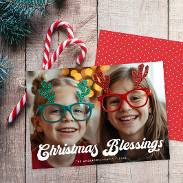 Cartão De Festividades Retro White Script Christmas Blessings One Photo
