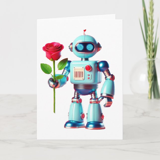 Cartão De Festividades Robô com Rosa (Frente)