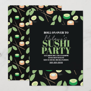 Cartão De Festividades Rolos de Sushi Preto Moderno para Festa de Anivers
