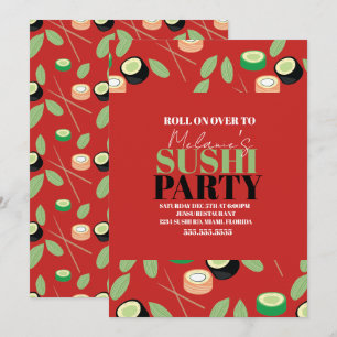 Cartão De Festividades Rolos de Sushi Vermelho Moderno para Festa de Aniv