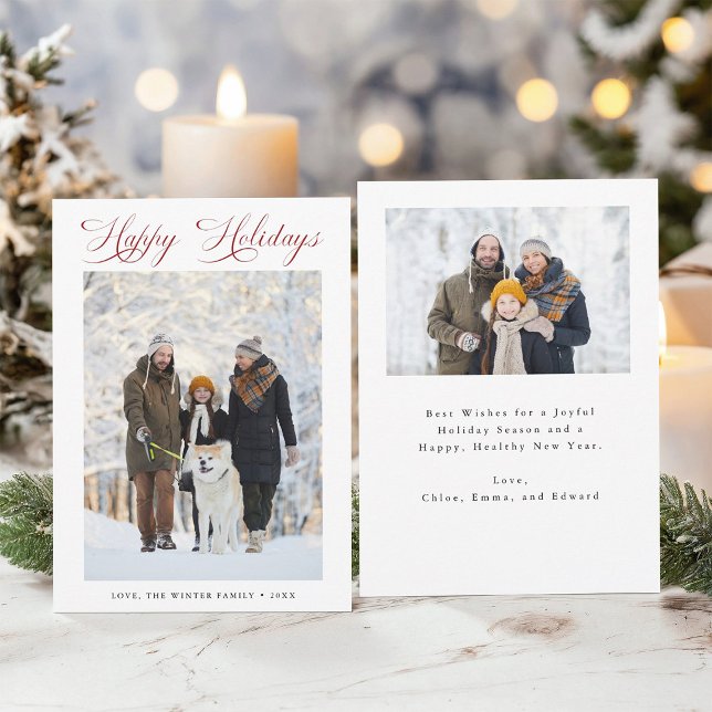 Cartão De Festividades Romântica Red Script Happy Holidays 2 Foto (Front & Back)