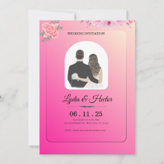 Cartão De Festividades -Romântico-Rosa-Aquarela-Florais-Casal-Casamento-