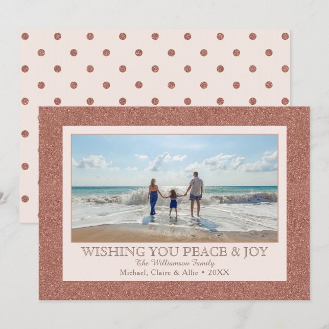 Cartão De Festividades Rosa Dourado Faux Glitter | 1 Feriado fotográfico (Frente/Verso)