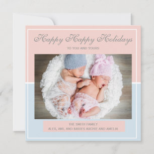 Cartão De Festividades Rosa Pastel e Azul Gêmeo Menino Menina Foto Natal