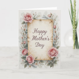 Cartão De Festividades Rosa Romântica Bege Dia das Mães Floral Vintage
