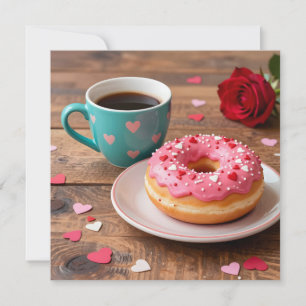 Cartão De Festividades Rosa Vermelha, Donut e Café   Dia dos Namorados