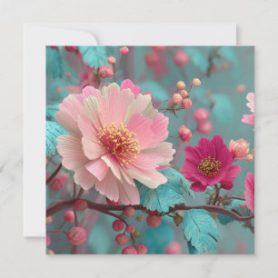 Cartão De Festividades Rosa Vibrante e Arte Floral Azul Fantasia