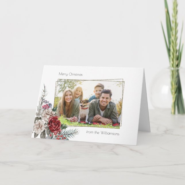 Cartão De Festividades Rosas de Aquarela Elegante, Pino e Foto de Quadro  (Frente)