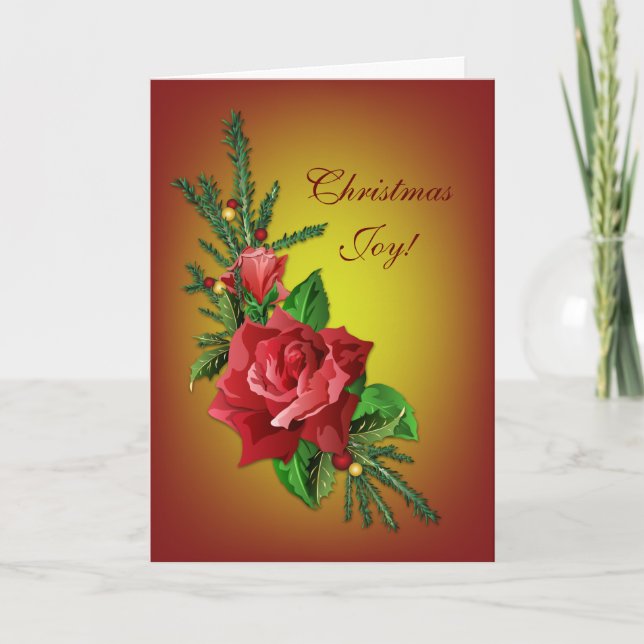 Cartão De Festividades Rosas de Natal com azevinho e abeto vermelho (Frente)