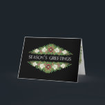 Cartão De Festividades Rosas de Natal, Hellebores, Saudações da Estação<br><div class="desc">Um Cartão de Natal floral, chico, com baloiços de Rosa de Natal vermelho e branco, Holly e Ivy sobre fundo negro, com "Saudações da Época", em na moda, em letras modernas, de branco. De um design pintado à mão por Judy Adamson. Sinta-se à vontade para personalizar o texto dentro. Presentes...</div>