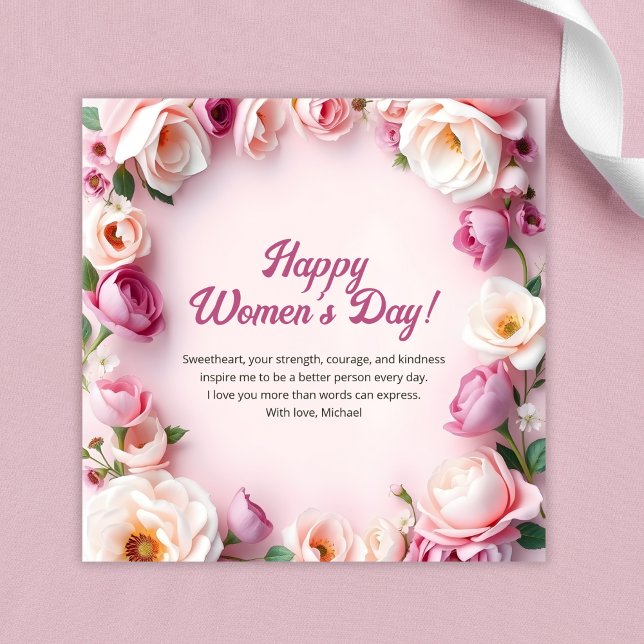 Cartão De Festividades Rosas Rosas Florais 8 de Março Dia Internacional d (Pink Roses Floral 8 March International Women Day Holiday Card Template)