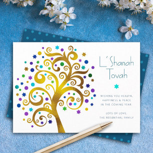 Cartão De Festividades Rosh Hashanah Dourada e Blue Foil Tree of Life Fla