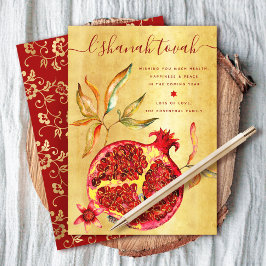 Cartão De Festividades Rosh Hashanah Romã em Aquarela Vermelha sobre Dour