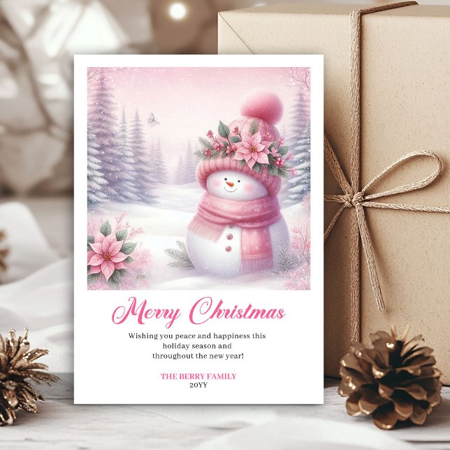 Cartão De Festividades Rosy pink coquette snowman kids card digital edit (Rosy pink coquette snowman kids card digital edit)